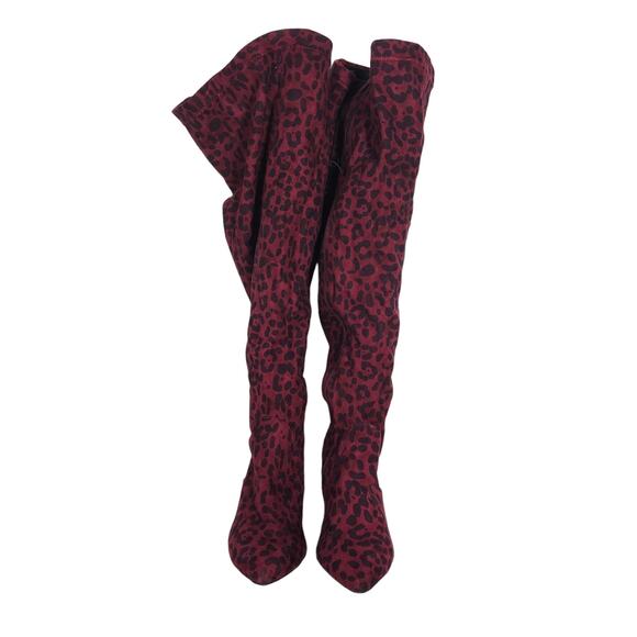 Torrid Womens Over The Knee Boots 10.5 WW Burgundy Red Leopard Print Pointed Toe - Picture 2 of 9
